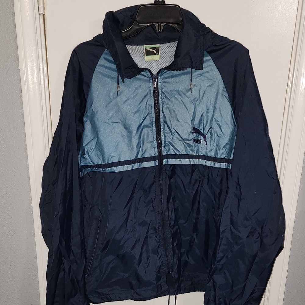 VINTAGE PUMA Men's Dark Blue and Sky Blue Windbreaker SZ L